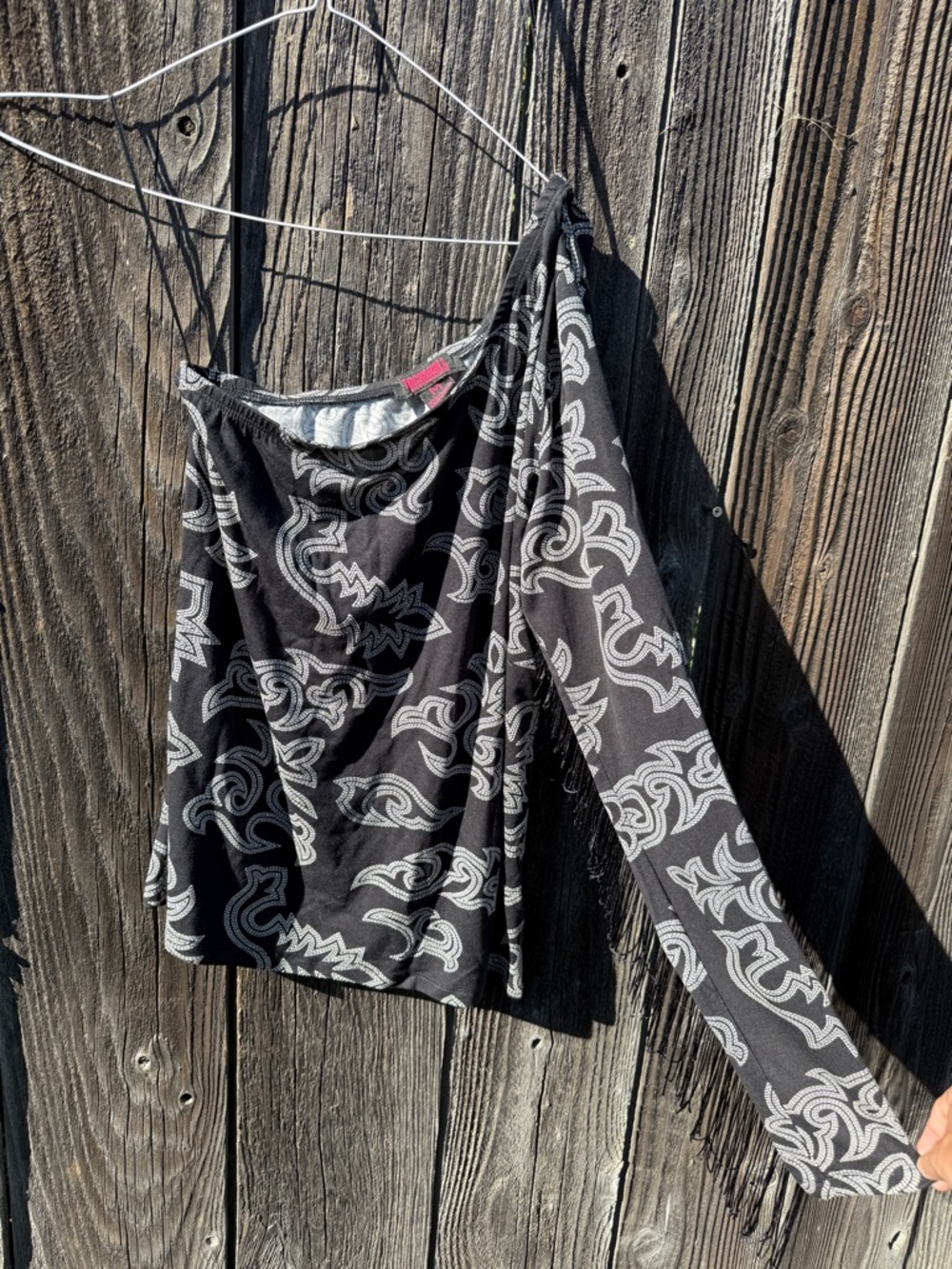 Black & White Paisley Long Sleeve Top With Fringe